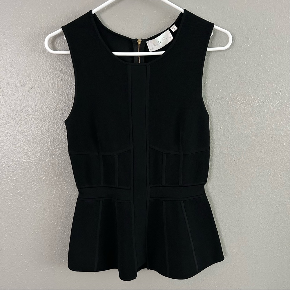 A.L.C. Rayon Knit Sleeveless Black Peplum Top Size S Gold Zip Up Back Round Neck